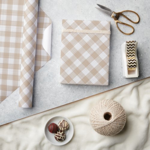 Shabby Chic White Light Taupe Beige Brown Gingham Wrapping Paper