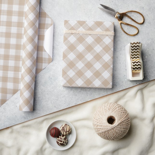 Shabby Chic White Light Taupe Beige Brown Gingham Wrapping Paper (Crafts)