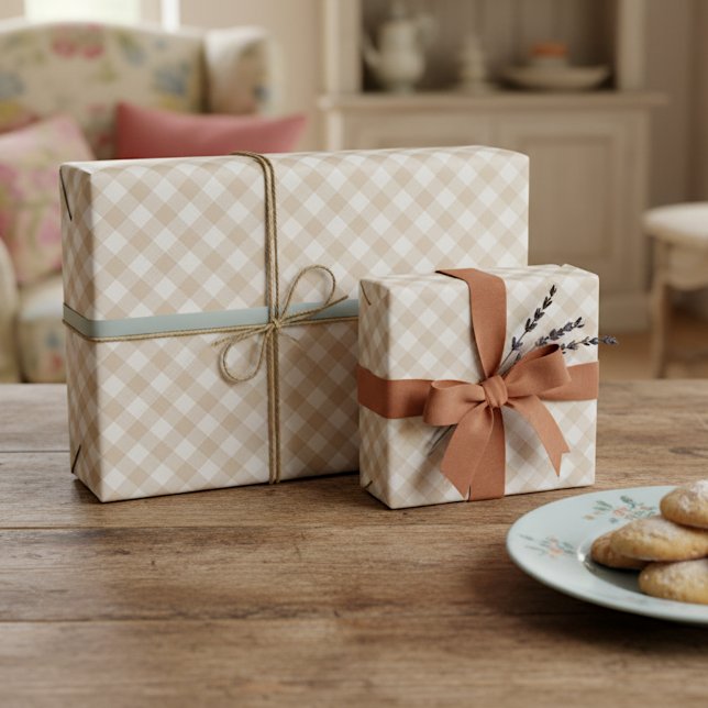 Shabby Chic White Light Taupe Beige Brown Gingham Wrapping Paper (Creator Uploaded)