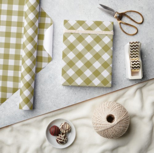 Shabby Chic White Ochre Mustard Green Gingham Wrapping Paper