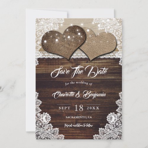 Shabby Chic Wood Burlap Lace Hearts Save The Date