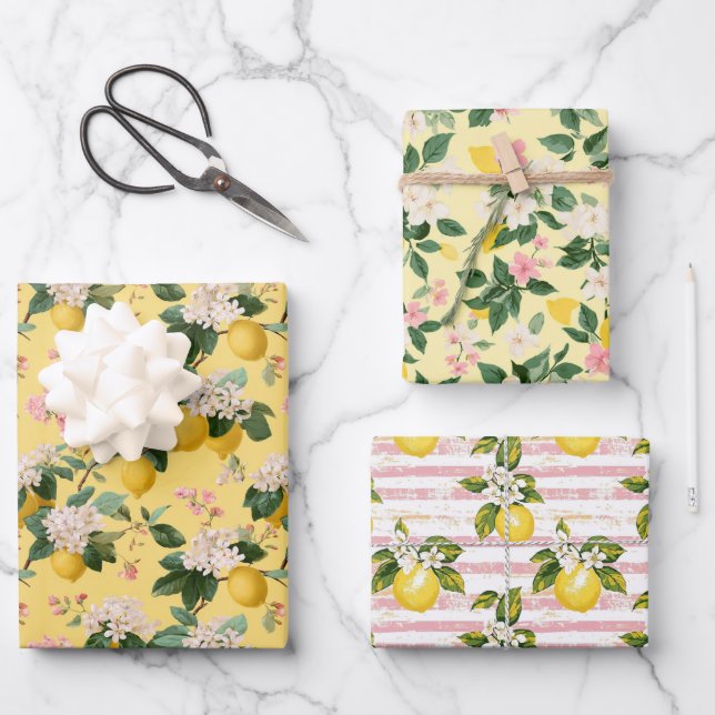 Shabby Chic yellow pink Lemons Amalfi Italy Wrapping Paper Sheets (Front)
