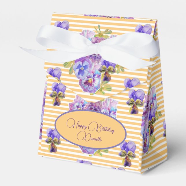 Shabby Chic Yellow Stripe Pansy Floral Favor Box (Front Side)