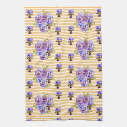Shabby Chic Yellow Stripe Pansy Floral Kitchen Towel