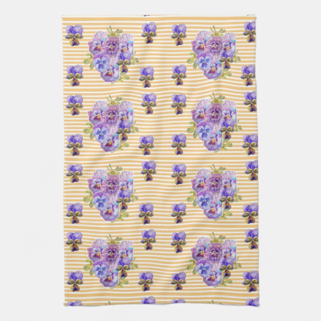 Shabby Chic Yellow Stripe Pansy Floral Kitchen Towel (Vertical)