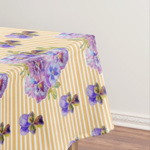 Shabby Chic Yellow Stripe Pansy Floral Tablecloth