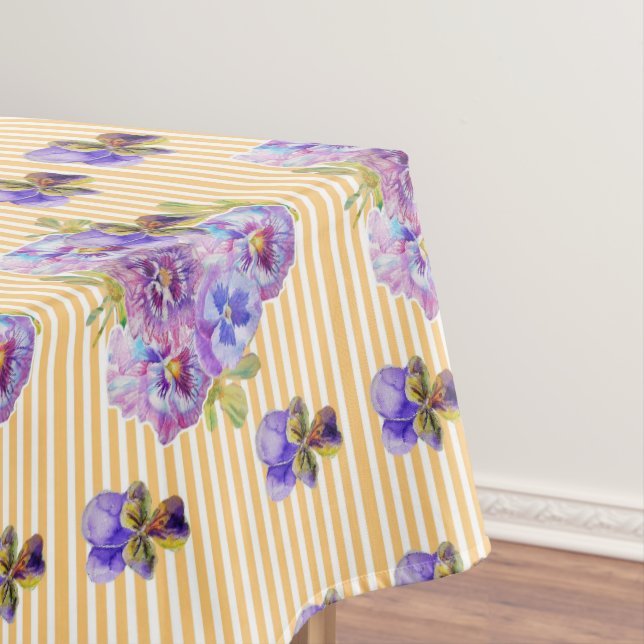 Shabby Chic Yellow Stripe Pansy Floral Tablecloth (In Situ)