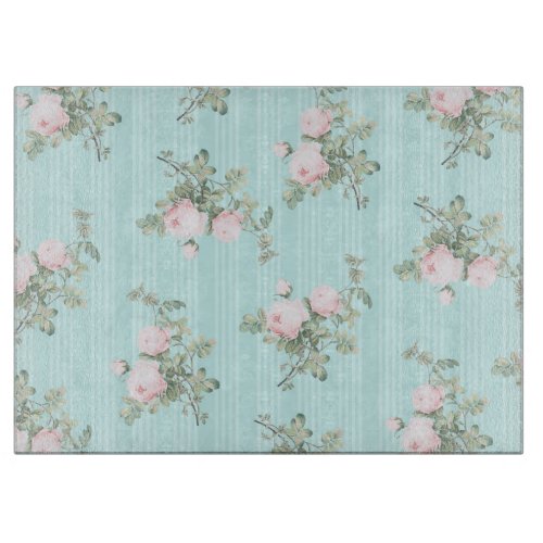 Shabby chici glass cutting board mint pink roses
