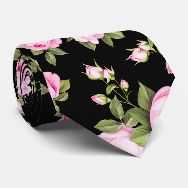 Shabby Chick Pink Roses on Black Neck Tie (Rolled)