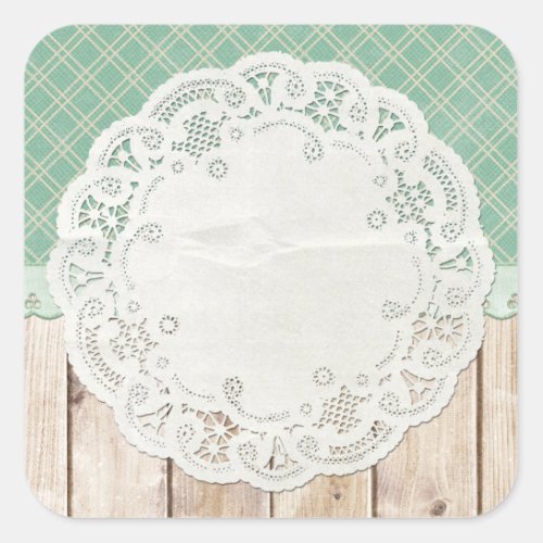 Shabby Cottage Chic Doily on Rustic Country Wood Square Sticker