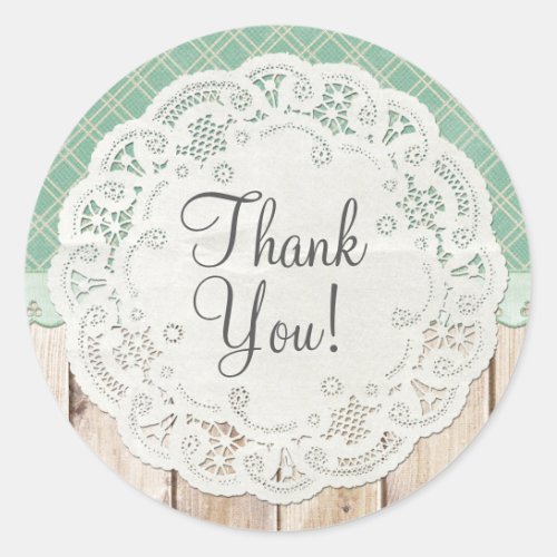 Shabby Cottage Chic Doily on Rustic Wood Thank You Classic Round Sticker