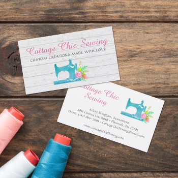 Shabby Cottage Chic Sewing Machine Rustic Wood Business Card by CyanSkyDesign at Zazzle