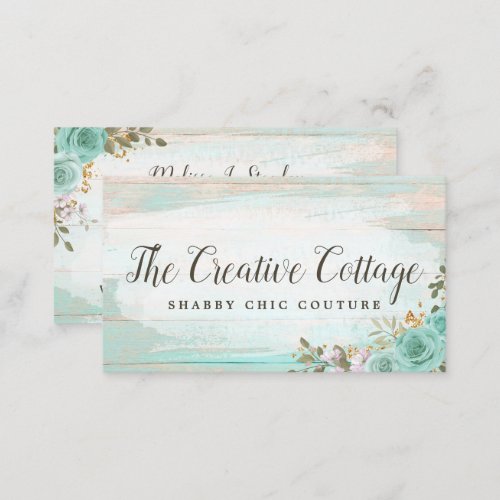 Shabby Cottage Chic Turquoise Floral Rustic Wood Business Card