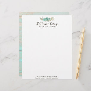 Shabby Cottage Chic Turquoise Floral Rustic Wood Letterhead