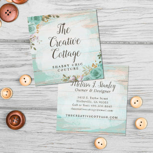 Shabby Cottage Chic Turquoise Floral Rustic Wood Square Business Card