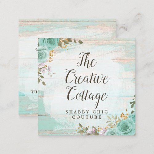 Shabby Cottage Chic Turquoise Floral Rustic Wood Square Business Card