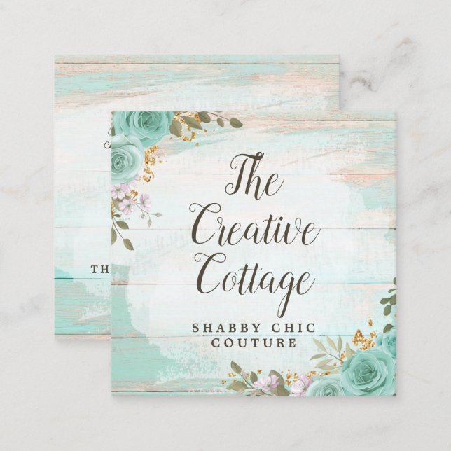 Shabby Cottage Chic Turquoise Floral Rustic Wood Square Business Card (Front/Back)