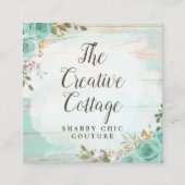 Shabby Cottage Chic Turquoise Floral Rustic Wood Square Business Card (Front)