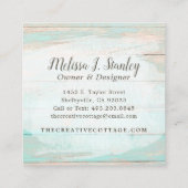 Shabby Cottage Chic Turquoise Floral Rustic Wood Square Business Card (Back)