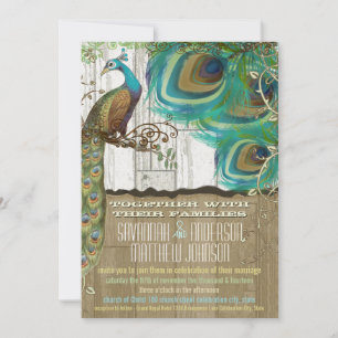 Shabby Country Peacock Vintage 3 Feathers Old Wood Invitation