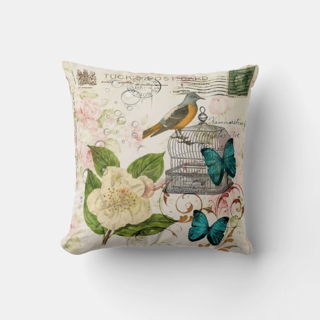 shabby elegance camellia french bird butterfly throw pillow (Front)