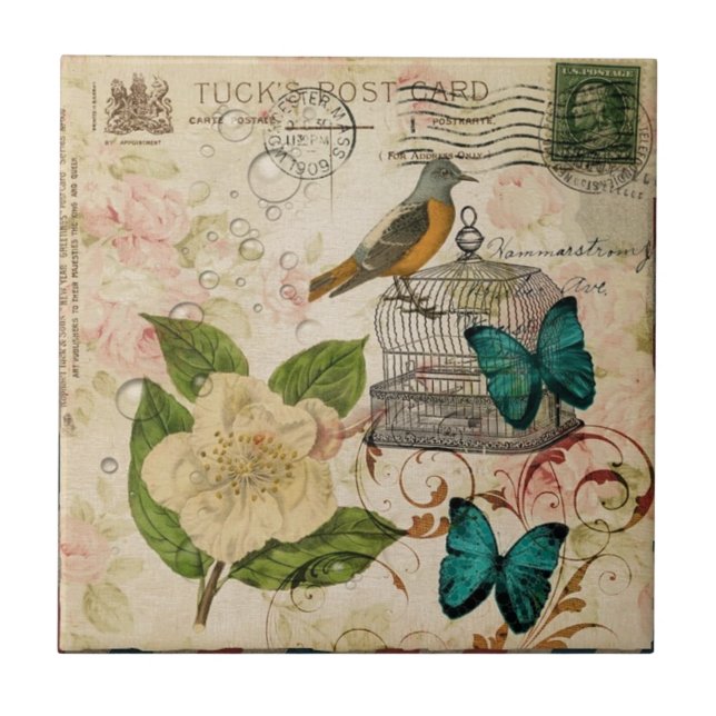 shabby elegance floral bird french botanical ceramic tile (Front)