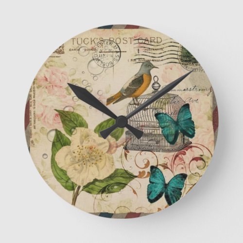 shabby elegance floral bird french botanical round clock