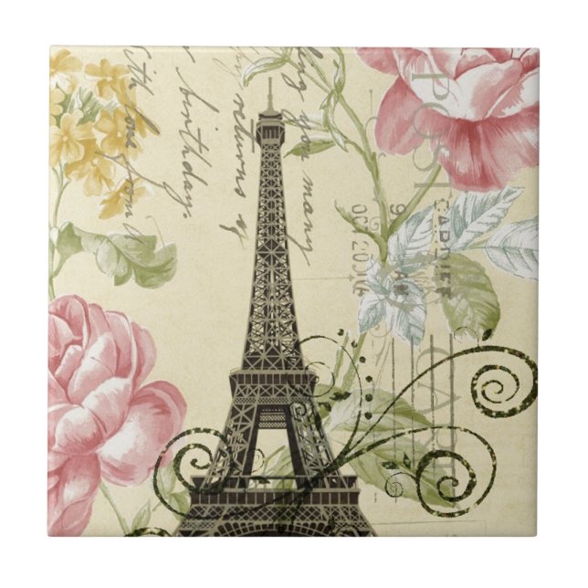 shabby elegance yellow pink floral eiffel tower tile (Front)