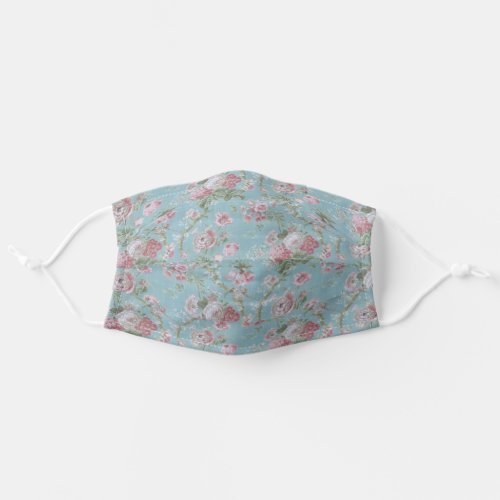 Shabby Elegant Pink and White Floral on Blue Adult Cloth Face Mask
