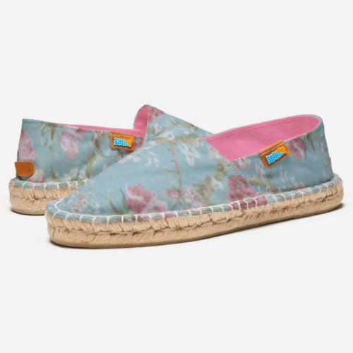 Shabby Elegant Pink and White Floral on Blue Espadrilles