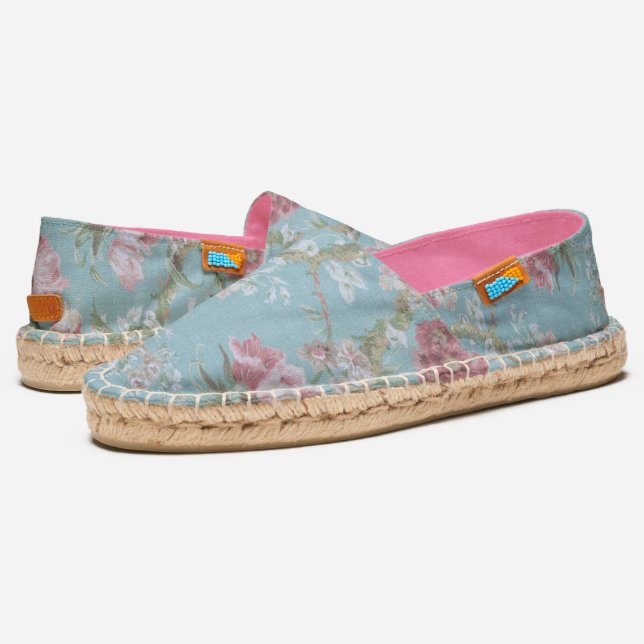 Shabby Elegant Pink and White Floral on Blue Espadrilles (Angled)