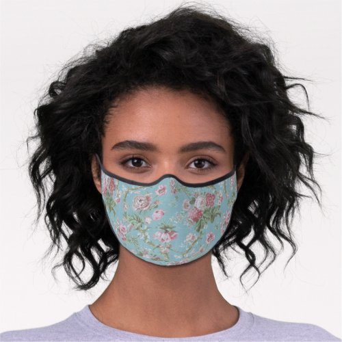 Shabby Elegant Pink and White Floral on Blue Premium Face Mask