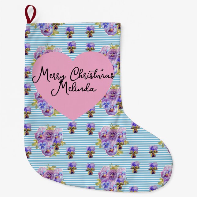 Shabby Floral Pastel Blue Christmas Girls Name Large Christmas Stocking (Front)