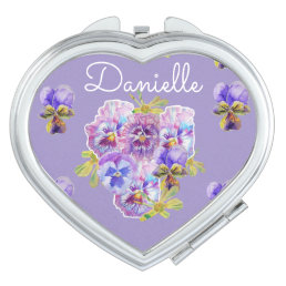 Shabby floral Purple Pansy Name Compact Mirror