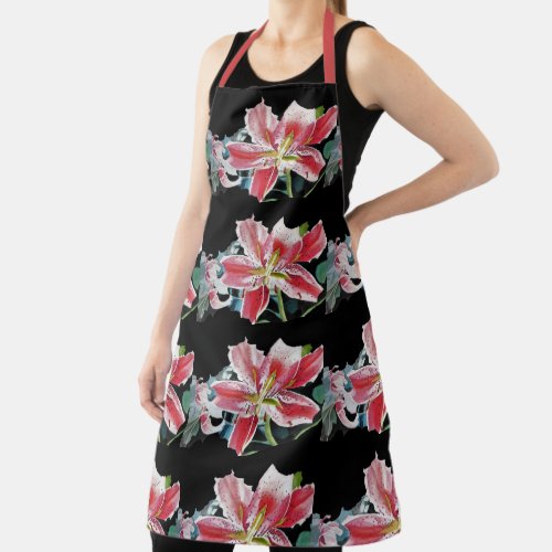 Shabby Flower Red Lily Black floral Kitchen Apron