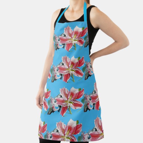 Shabby Flower Red Lily Blue floral Kitchen Apron