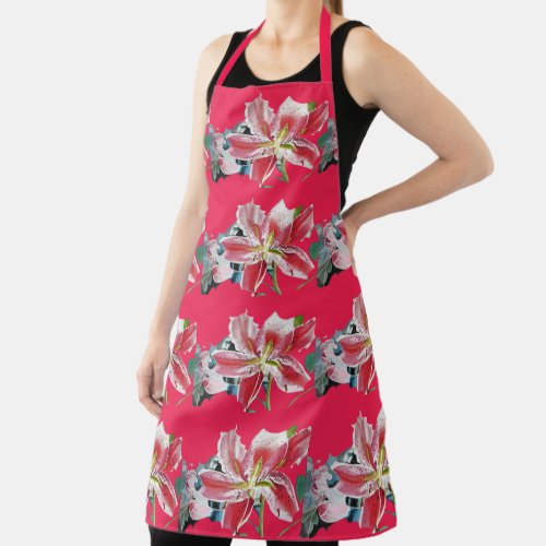 Shabby Flower Red Lily floral Kitchen Apron