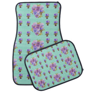 Shabby flowers floral Aqua Stripe Car Floor Mats