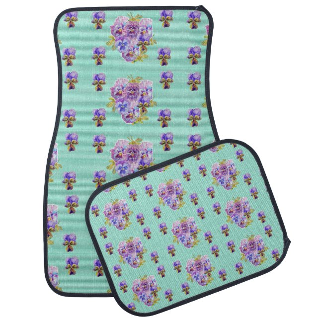Shabby flowers floral Aqua Stripe Car Floor Mats (Set)