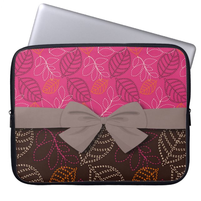 shabby hot pink brown etched leafy pattern laptop sleeve (Front)