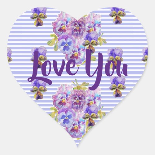 Shabby Lavender Purple Stripe flowers floral Love Heart Sticker