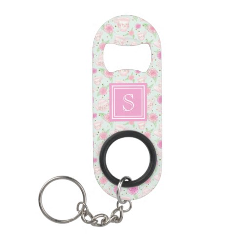 Shabby Mint Rose Tea Cups Personalized Keychain Bottle Opener