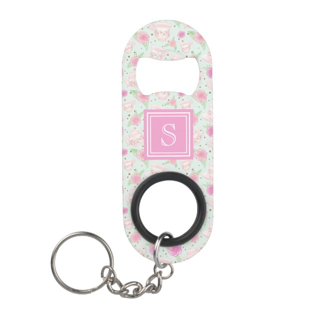 Shabby Mint Rose Tea Cups Personalized Keychain Bottle Opener (Front)