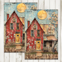 SHABBY OLD RED HOUSE MIXED MEDIA DECOUPAGE