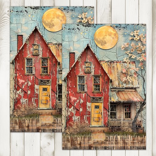 SHABBY OLD RED HOUSE MIXED MEDIA DECOUPAGE TISSUE PAPER