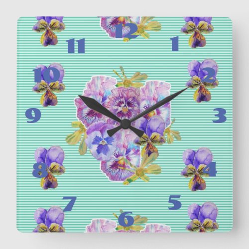 Shabby Pansies Pansy Floral Aqua Turquoise Square Wall Clock