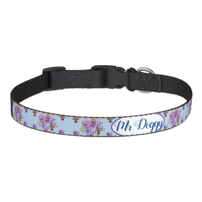 Shabby Pansy Floral Blue Gingham Flowers Dog Retro Pet Collar (Front)