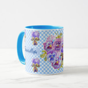 Shabby Pansy Floral Blue Gingham Flowers Girls Mug