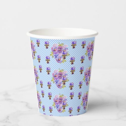 Shabby Pansy Floral Blue Gingham Flowers Girls Paper Cups
