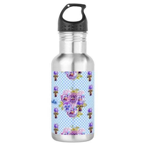 Shabby Pansy Floral Blue Gingham Flowers Girls Stainless Steel Water Bottle